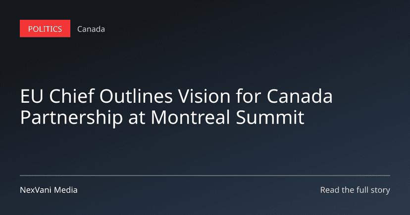European Commission President Ursula von der Leyen speaking at a podium during the Canada EU summit in Montreal.
