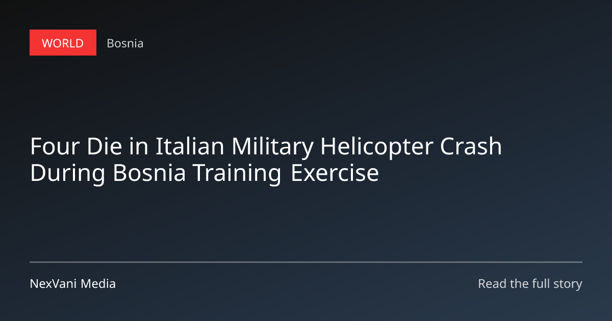 An overturned military helicopter rests in a flat field after crashing during a training exercise in Bosnia.