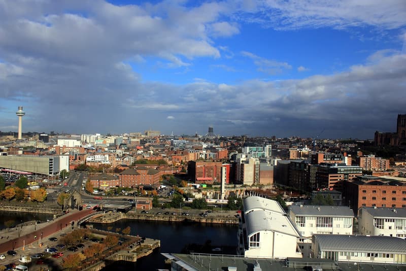 A wide view of the Anfield stadium pitch before a Premier League football match.